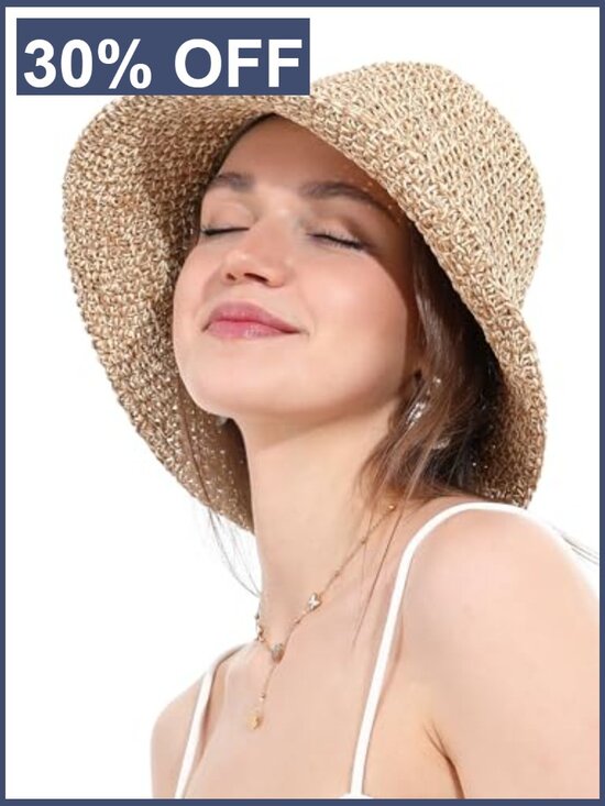 Handmade Crochet Straw Bucket Hat Sun Protection UPF 50+ Foldable Travel